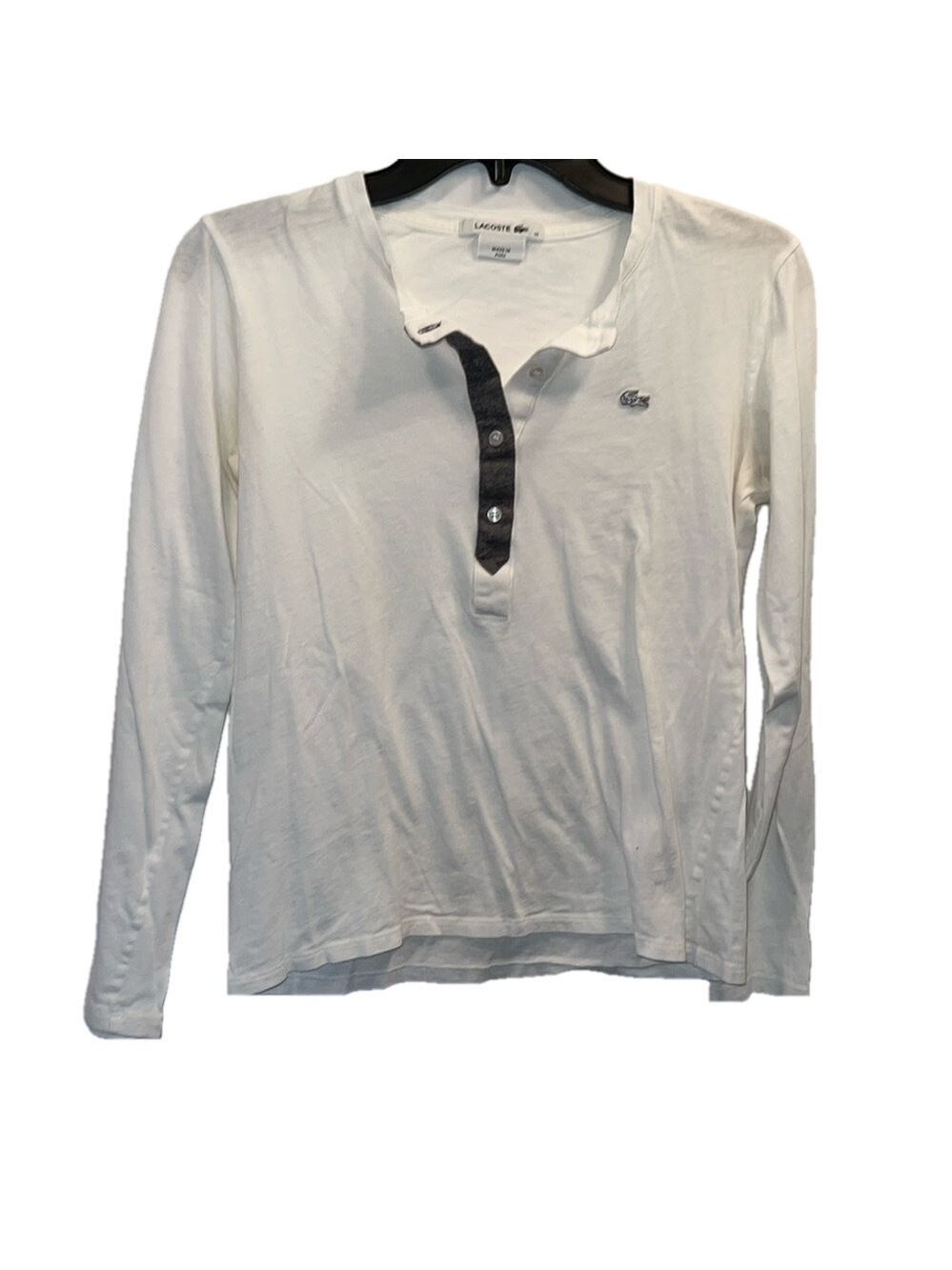Lacoste Long Sleeve Polo, Size S-M (38), PTP 19”, L 22”, White Long Sleeve